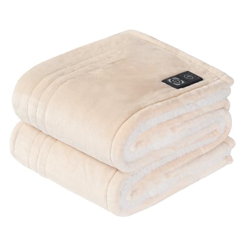 Sealy Heated Blanket Throw With Built-In Button Controller, Reversible Flannel to Sherpa Electric Blanket With 2-10 Hours Auto-Off &amp;amp; 4 Heating Levels, Over-Heat Protection, 50x60 Inch, Beige