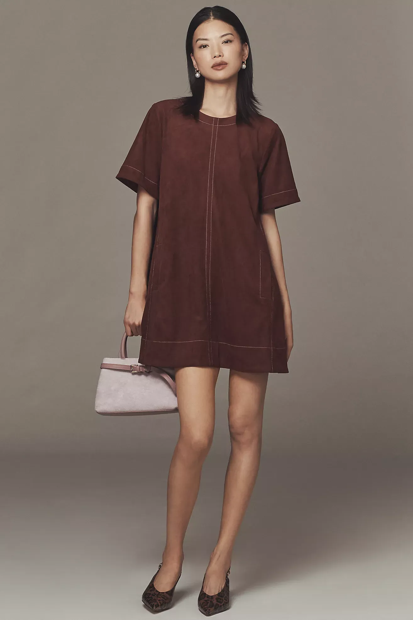 The Emmy Faux-Suede Short-Sleeve Mini Swing Dress by Maeve