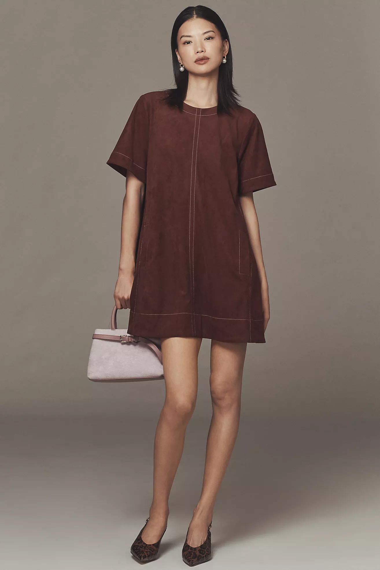 The Emmy Faux-Suede Short-Sleeve Mini Swing Dress by Maeve