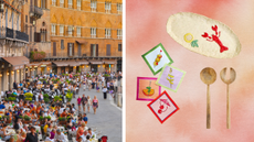 Left: image of an Italian piazza (Siena, Piazza del Campo) lined with restaurants. Right: Orange watercolor background with cut outs of dinnerware on top. L to R: colorful napkins, stoneware dish, wooden salad servers. 