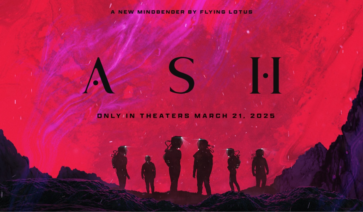 movie promo art with six astronauts and a purple-red planet