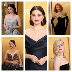 five actresses wearing red lipstick at the 2025 sag awards