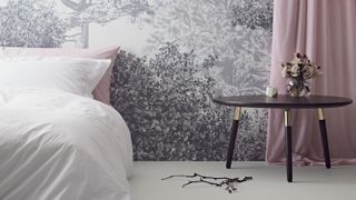 Grey bedroom with pink curtain. Wallpaper by Sian Zeng