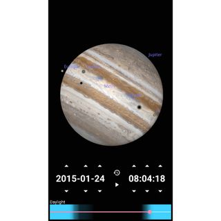 Screenshot from Stellarium Mobile Plus showing Jupiter and its moons.