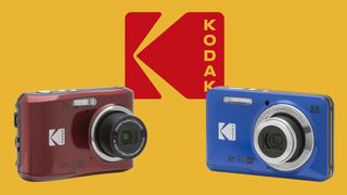 Kodak Pixpro FZ45 and FZ55 against a gold background with the red Kodak logo