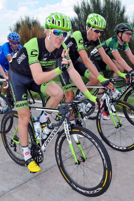 The green and black Cannondale-Garmin kit stands out in the peloton