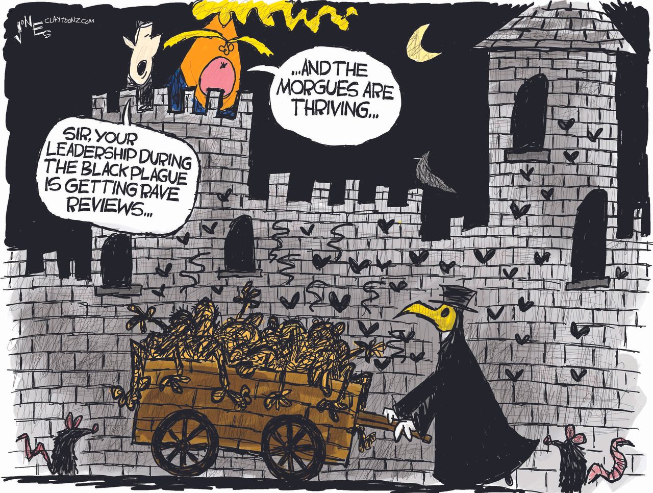 Political Cartoon U.S. Trump morgues thriving coronavirus black plague 2020