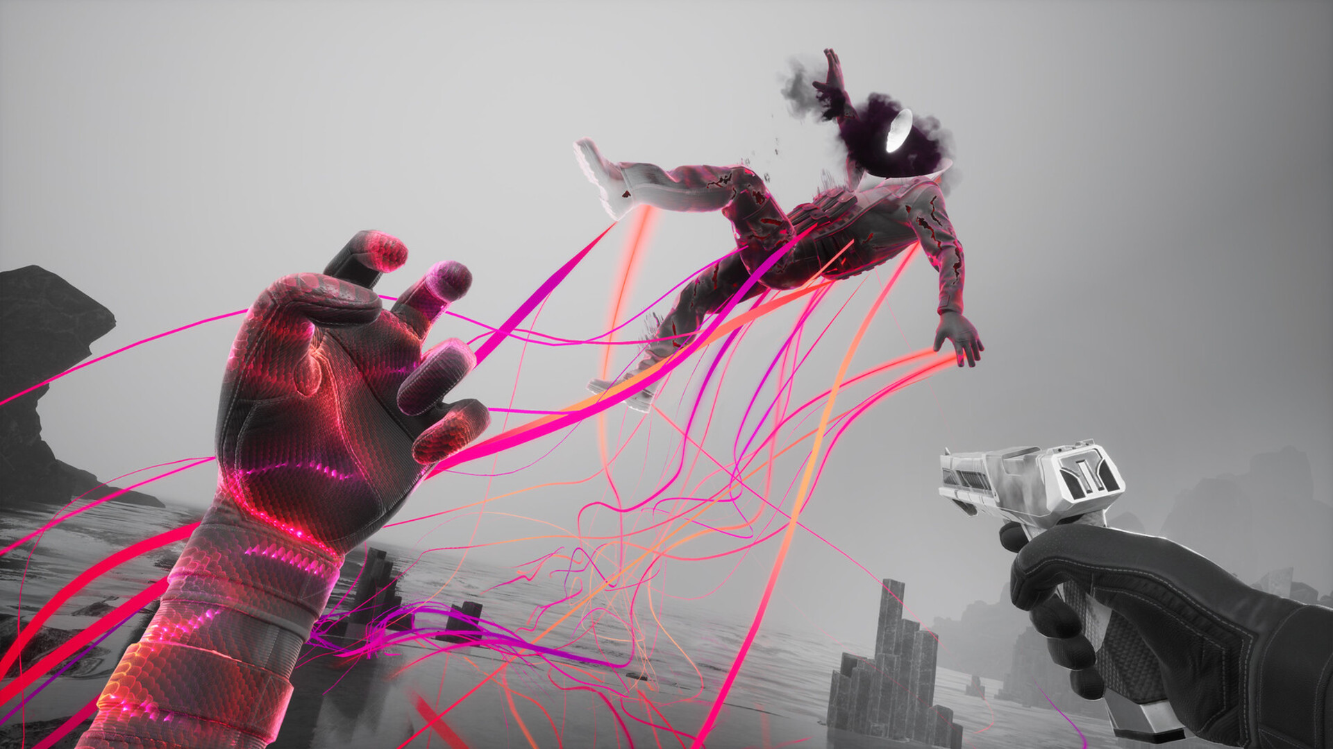 The player levitates an enemy with neon-tinged telekenesis in Synapse