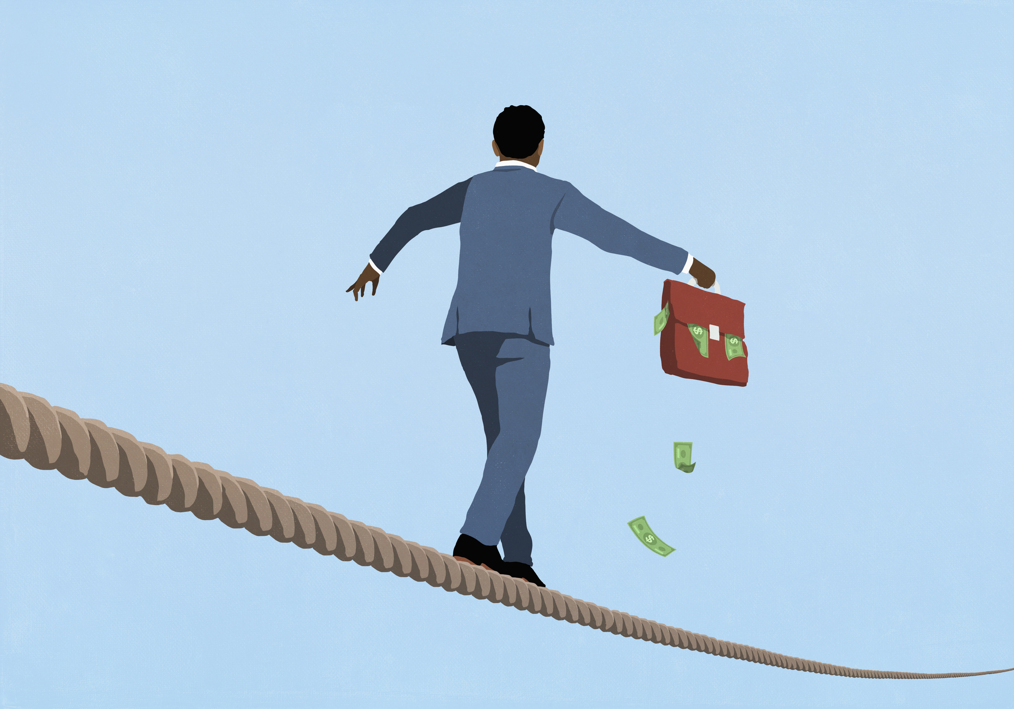 Man holding a briefcase of money walking on a tightrope