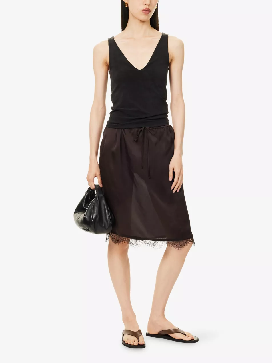 Lace-Hem Drawstring-Waist Silk Mini Skirt - Xs