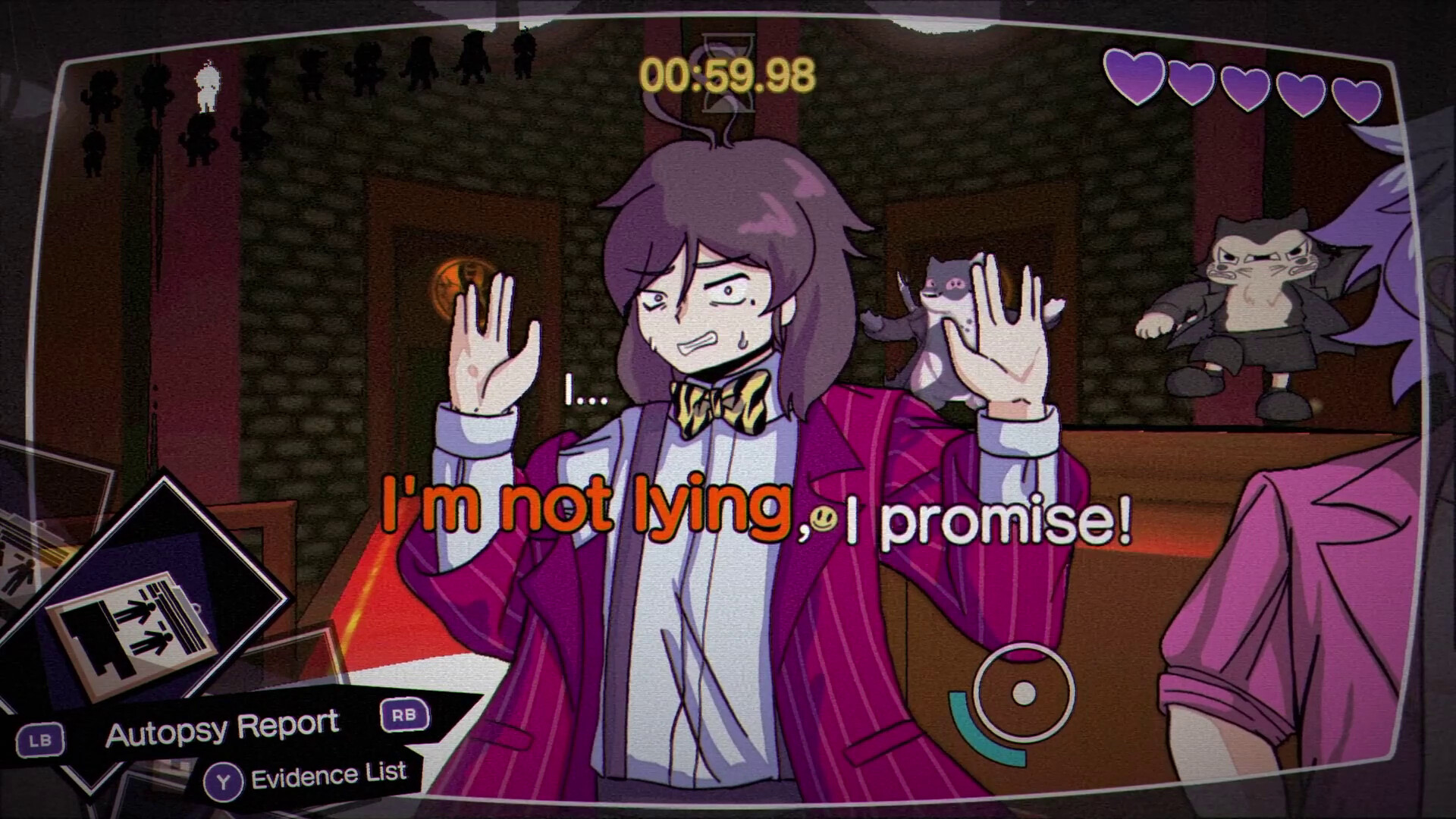 Comedian Hiroshi in Kumitantei: Old-School Slaughter says 'I'm not lying, I promise' during a debate