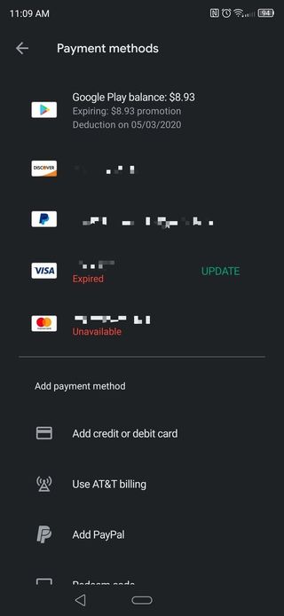 Play Store payment methods