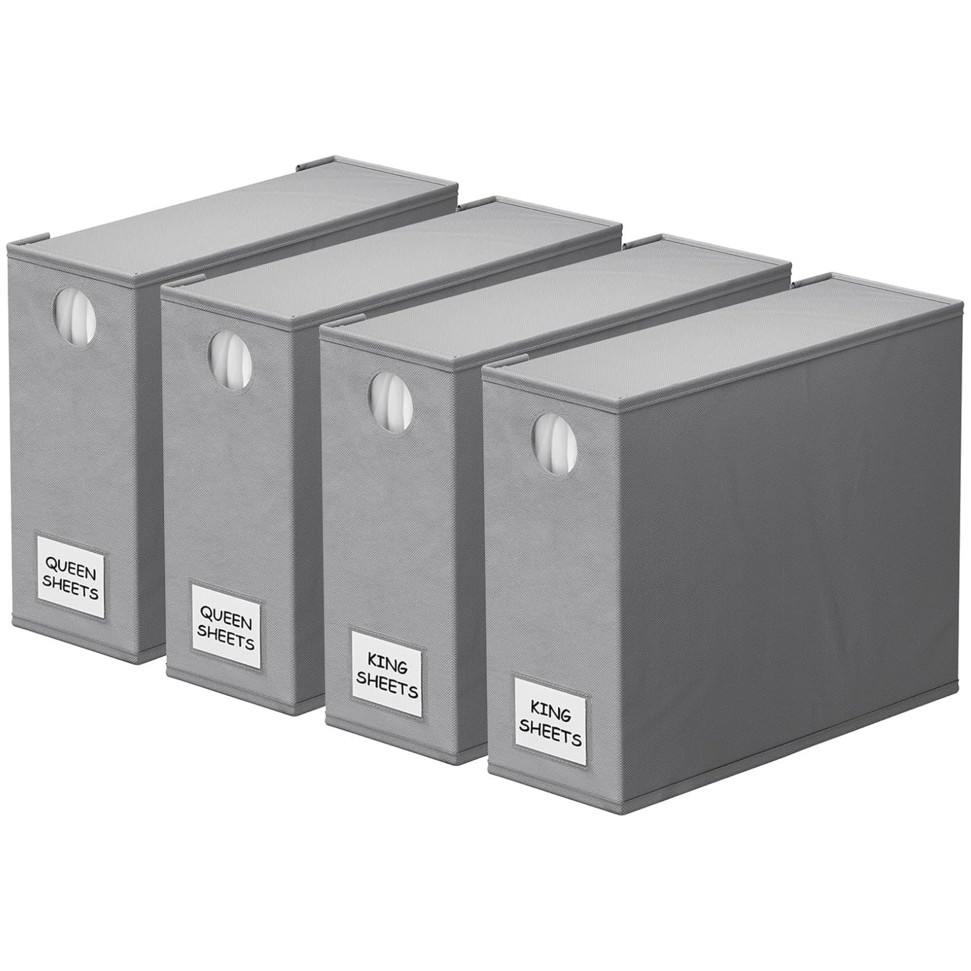 Four grey bed sheet organizers.