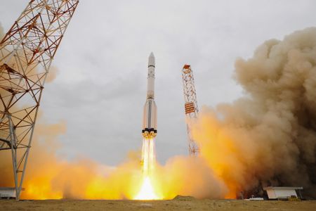 A Russian Proton-M rocket launches the ExoMars 2016 mission, consisting of the Trace Gas Orbiter and Schiaparelli lander, from Baikonur Cosmodrome, Kazakhstan on March 14, 2016.