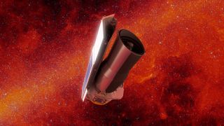 An artist's depiction of NASA's Spitzer Space Telescope at work.
