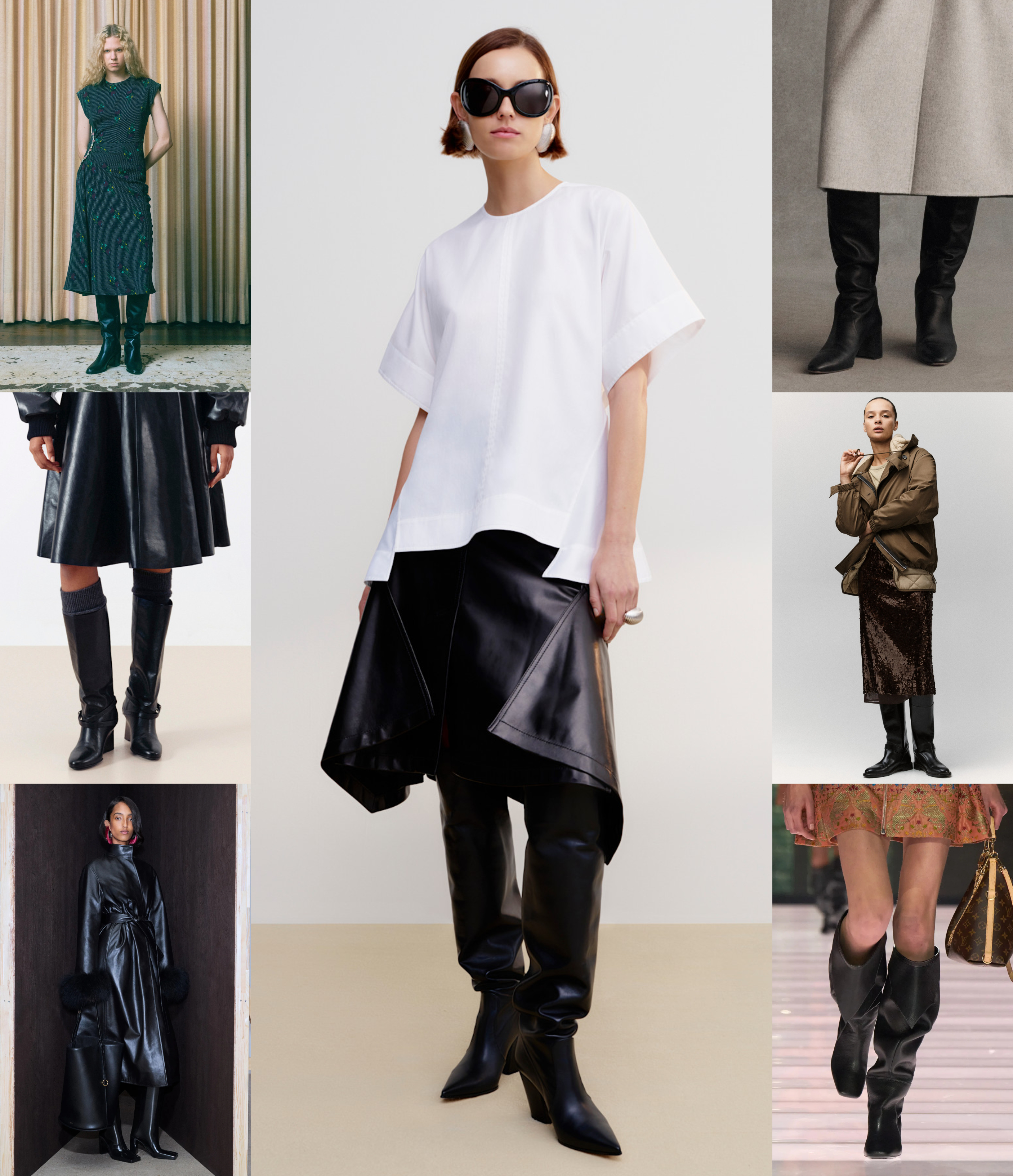 black leather knee-high boots at Rachel Comey, Ganni, Al&amp;auml;ia, Brandon Maxwell, Lafayette 148, Rag &amp;amp; Bone, and Louis Vuitton Resort 2026