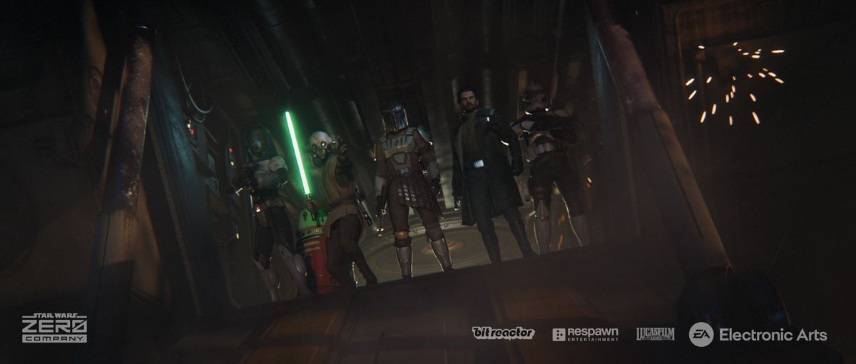 Still from the turn-based tactics video game 'Star Wars: Zero Company'. A group of 6 fighters (including a short robot) are standing side-by-side in a line, preparing to enter battle. They are standing at the top of a ramp, ready to leave the spaceship and jump into a fight.