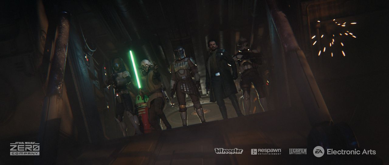 Still from the turn-based tactics video game 'Star Wars: Zero Company'. A group of 6 fighters (including a short robot) are standing side-by-side in a line, preparing to enter battle. They are standing at the top of a ramp, ready to leave the spaceship and jump into a fight.
