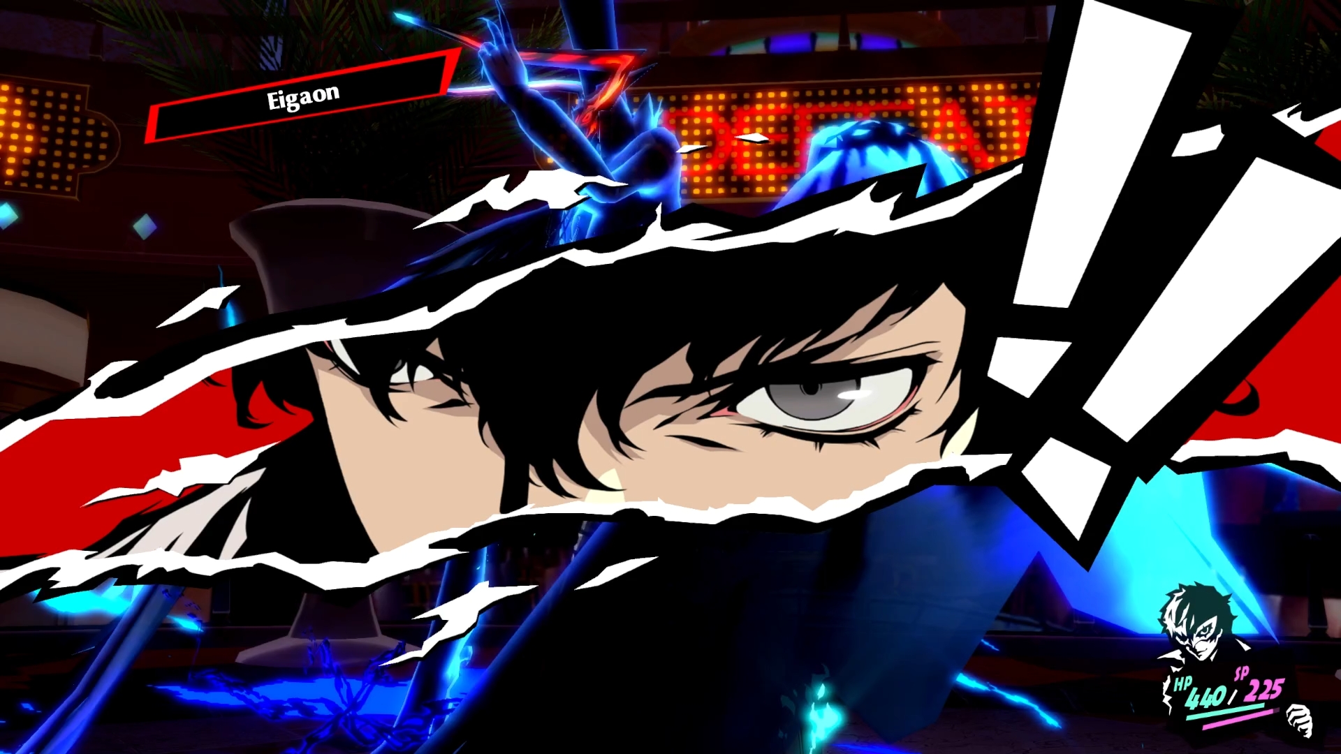 Joker in Persona 5 Royal reacts as the Eigaon skill is used to inflict damage in combat