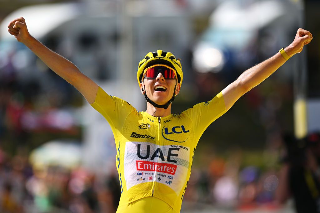 PLATEAU DE BEILLE FRANCE JULY 14 Tadej Pogacar of Slovenia and UAE Team Emirates Yellow Leader Jersey celebrates at finish line as stage winner during the 111th Tour de France 2024 Stage 15 a 1977km stage from Loudenvielle to Plateau de Beille 1782m UCIWT on July 14 2024 in Plateau de Beille France Photo by Dario BelingheriGetty Images