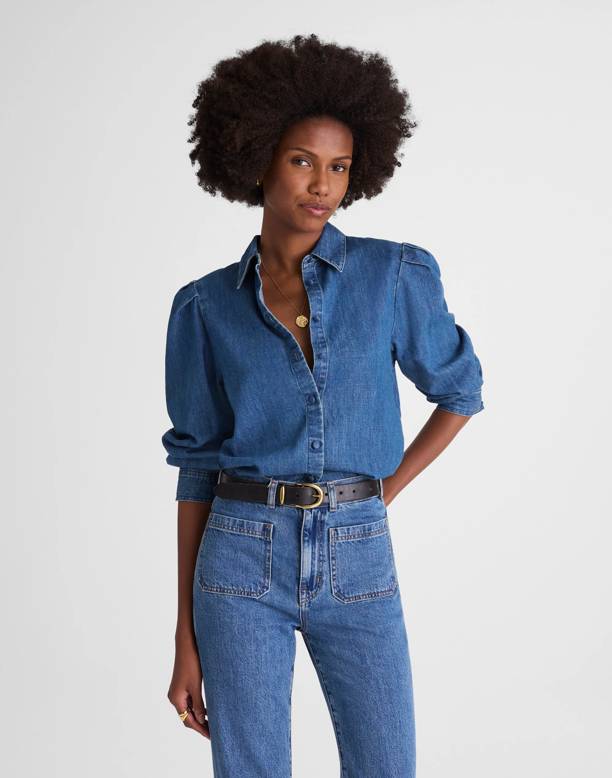 Denim Puff-Sleeve Shirt in Petersburg Wash