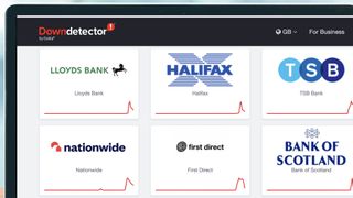 A laptop screen showing Downdetector spikes for mobile baking apps