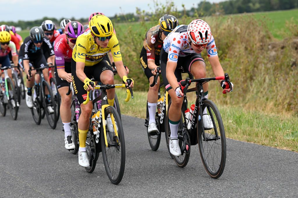 EPERNAY FRANCE JULY 26 LR Marianne Vos of Netherlands and Jumbo Visma Women Team yellow leader jersey and Femke Markus of Netherland and Team Parkhotel Valkenburg polka dot mountain jersey compete during the 1st Tour de France Femmes 2022 Stage 3 a 1336km stage from Reims to pernay TDFF UCIWWT on July 26 2022 in Epernay France Photo by Dario BelingheriGetty Images
