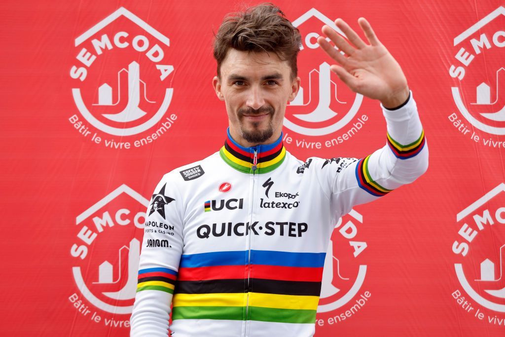 LLEX FRANCE AUGUST 11 Julian Alaphilippe of France and Team QuickStep Alpha Vinyl celebrates at podium as Most Combative Rider prize winner during the 34th Tour de lAin 2022 Stage 3 a 131km stage from Plateau dHauteville to Llex 904m TDA22 on August 11 2022 in Llex France Photo by Bas CzerwinskiGetty Images
