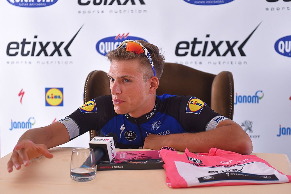 Overall race leader Marcel Kittel talks with reporters during the first rest day of the 2016 Giro d'Italia