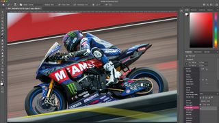 A screenshot of a superbike in Adobe Photoshop with the Blending Mode drop-down box set to Vivid Light