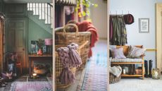 Collage of three hallways images to show how to make a hallway welcoming in autumn