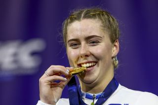 APELDOORN Winner Emma Finucane GBR with the gold medal during the ceremony of the final sprint on the third day of the European Track Cycling Championships in the Apeldoorn Omnisportcentrum ANP VINCENT JANNINK Photo by ANP via Getty Images