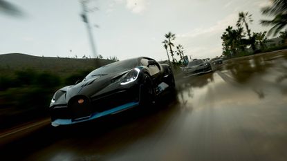 Forza Horizon 5 fastest cars Bugatti Chiron racing other cars in the rain