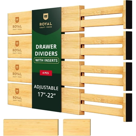 Royal Craft Wood Expandable Bamboo Drawer Dividers With Inserts &amp;ndash; 4-Pack Adjustable Organizer Separators for Kitchen, Bedroom, Dresser, Bathroom, Cabinet &amp;amp; Office Storage (17&amp;ndash;22&quot;, Natural)