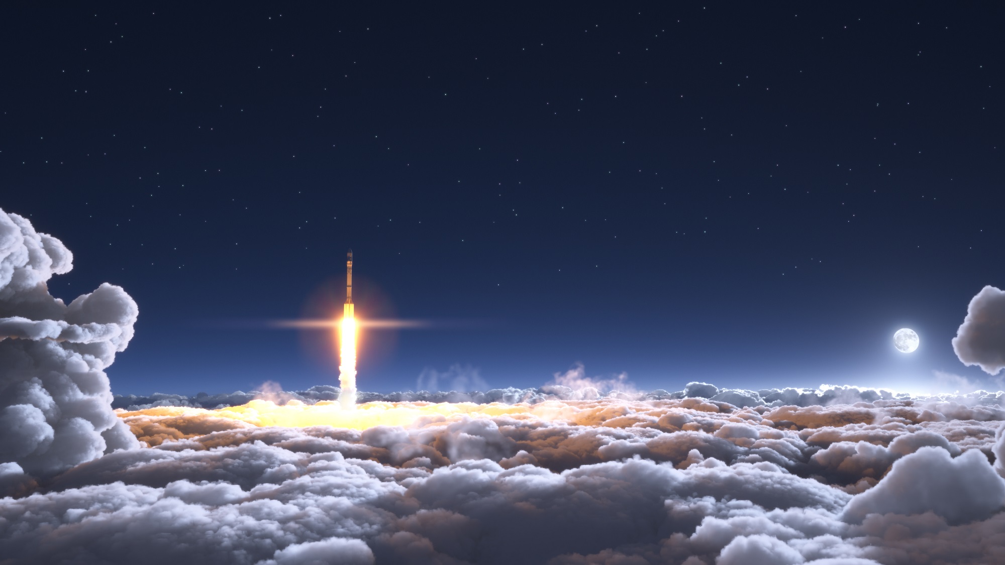 3D-Darstellung einer Rakete, die bei Mondlicht durch die Wolken fliegt