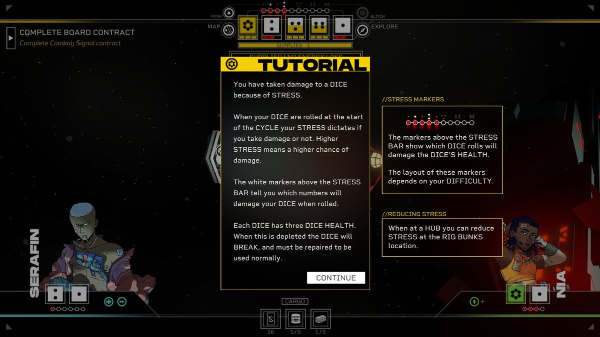 A tutorial screen describing the stress mechanic in Citizen Sleeper 2.