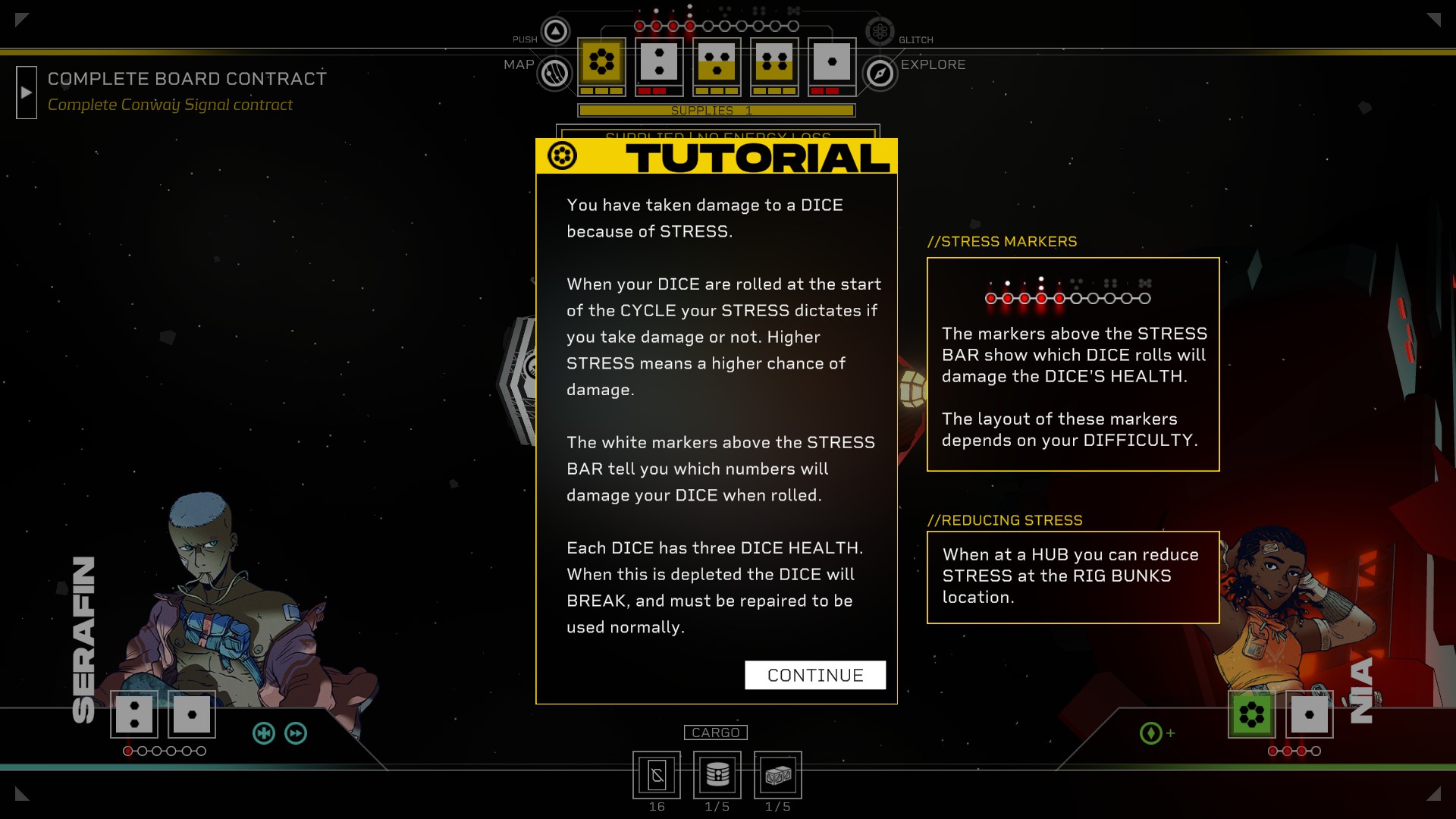 A tutorial screen describing the stress mechanic in Citizen Sleeper 2.