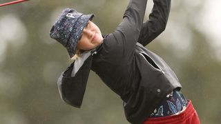 Kathryn Newton tees off on the 12th hole during the Pro-Am prior to the AIG Women's Open