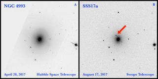 Right: An image taken on Aug. 17, 2017, with the Swope Telescope at the Las Campanas Observatory in Chile shows the light source generated by a neutron-star merger in the galaxy NGC 4993. Left: In this photo taken on April 28, 2017, with the Hubble Space Telescope, the neutron star merger has not occurred and the light source, known as SSS17a, is not visible.