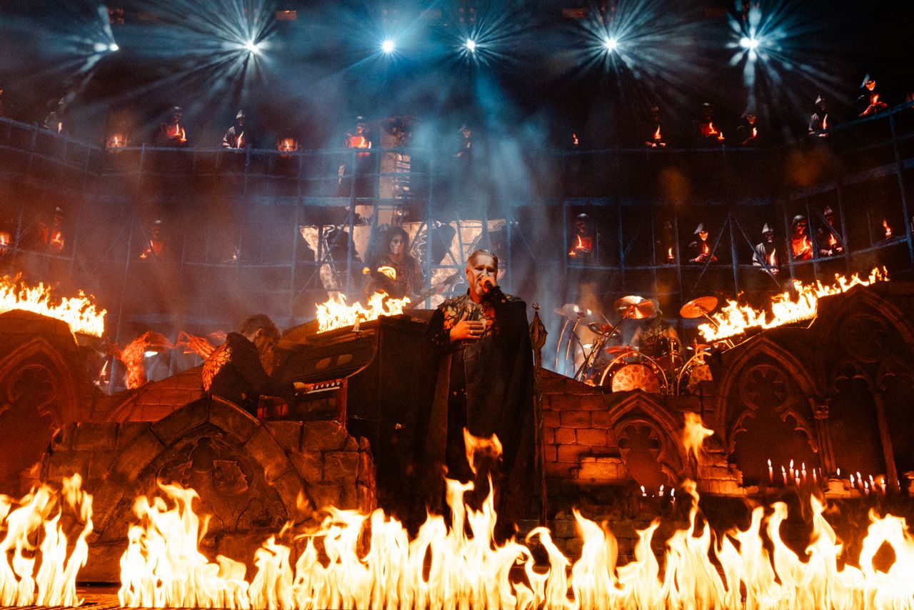 Powerwolf on stage surrounded by fire