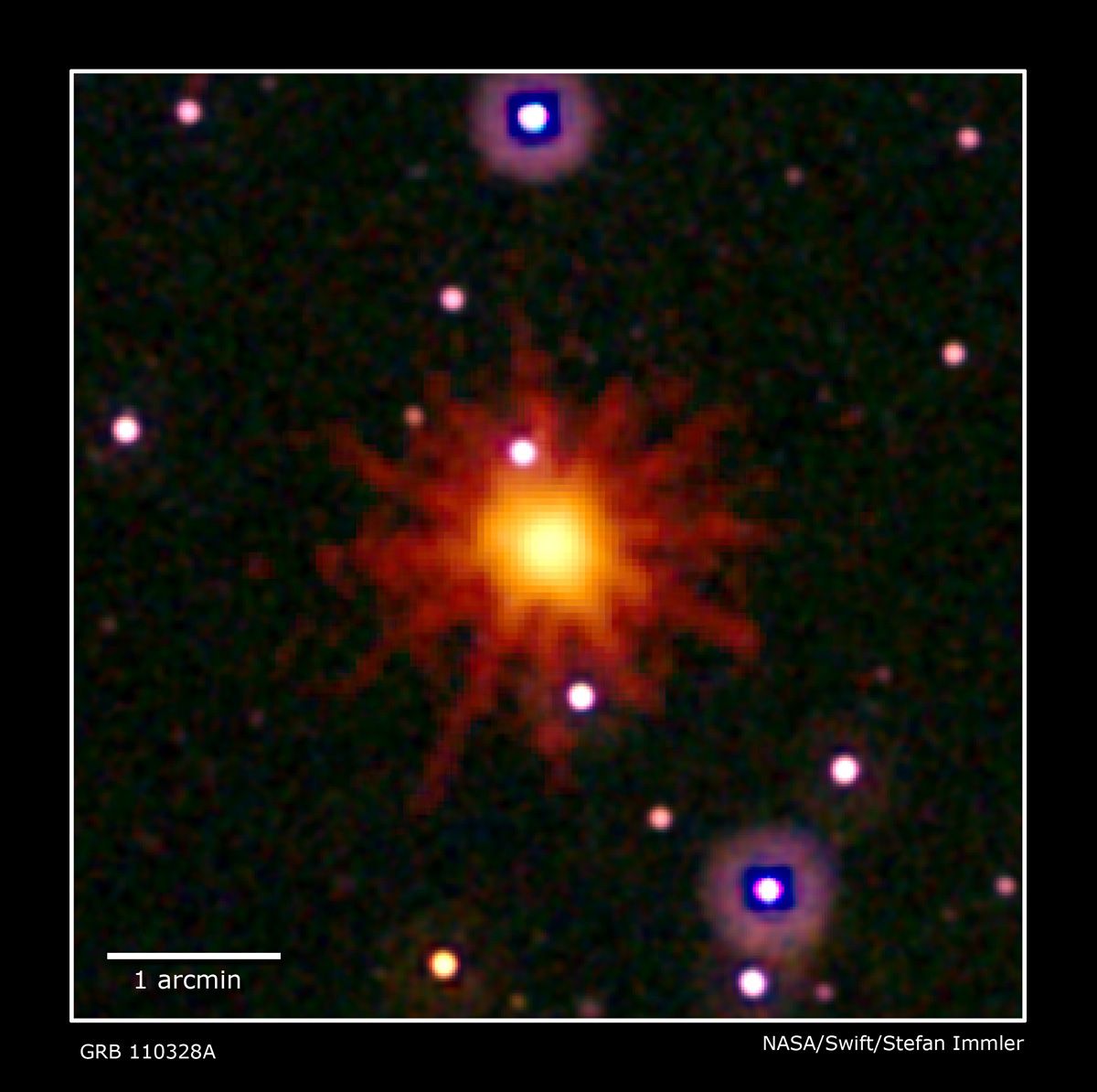 Images from NASA&#039;s Swift satellite were combined in this UV/optical/X-ray view of the explosion, which is known as GRB 110328A. The blast was detected in X-rays, which were collected on March 28. 