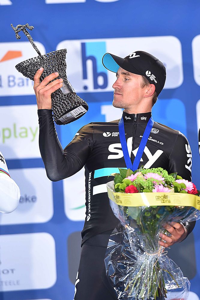 Michal Kwiatkowski checks out the hardware on the E3 Harelbeke podium