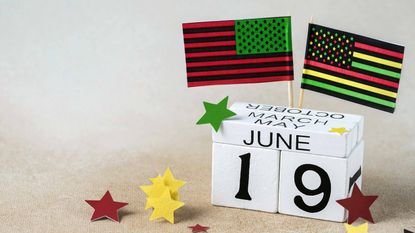 June 19 on white blocks with Black Liberation African American flags and green and yellow stars
