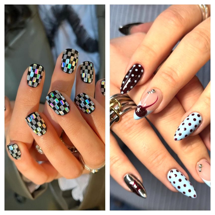 a three-part photo grid featuring hands and nails with checkered and dotted designs