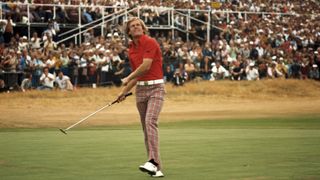 Johnny Miller of the USA seals his victory on the 18th green during the final round of the 1976 Open Championship at Royal Birkdale