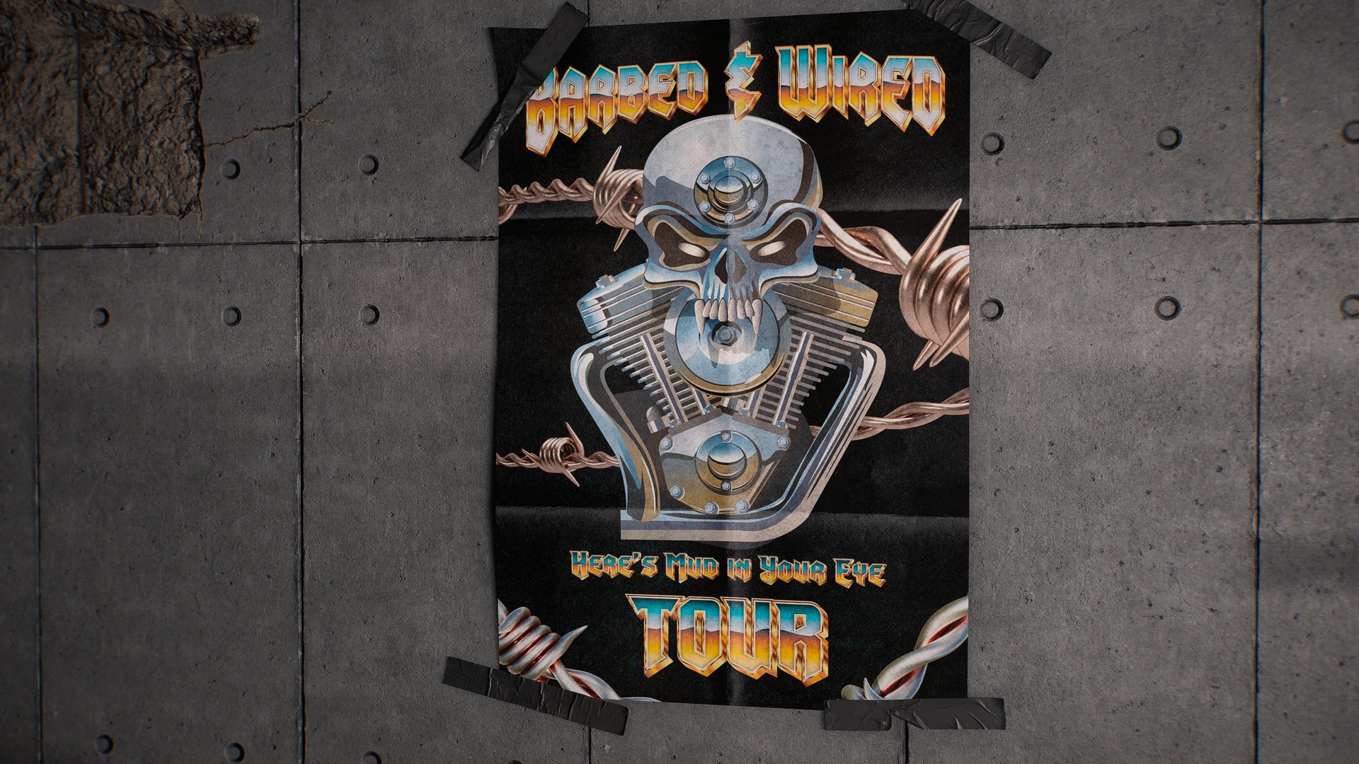 The Barebed and Wired band poster in Marvel's Wolverine within Sabertooth's room, showing a metal skull on an engine