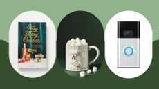 Three Christmas gift ideas for neighbors on a green background: a Christmas cocktail recipe book on the far left, a white monogram Christmas mug in the middle, and a Ring Video Doorbell on the far right
