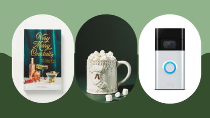 Three Christmas gift ideas for neighbors on a green background: a Christmas cocktail recipe book on the far left, a white monogram Christmas mug in the middle, and a Ring Video Doorbell on the far right