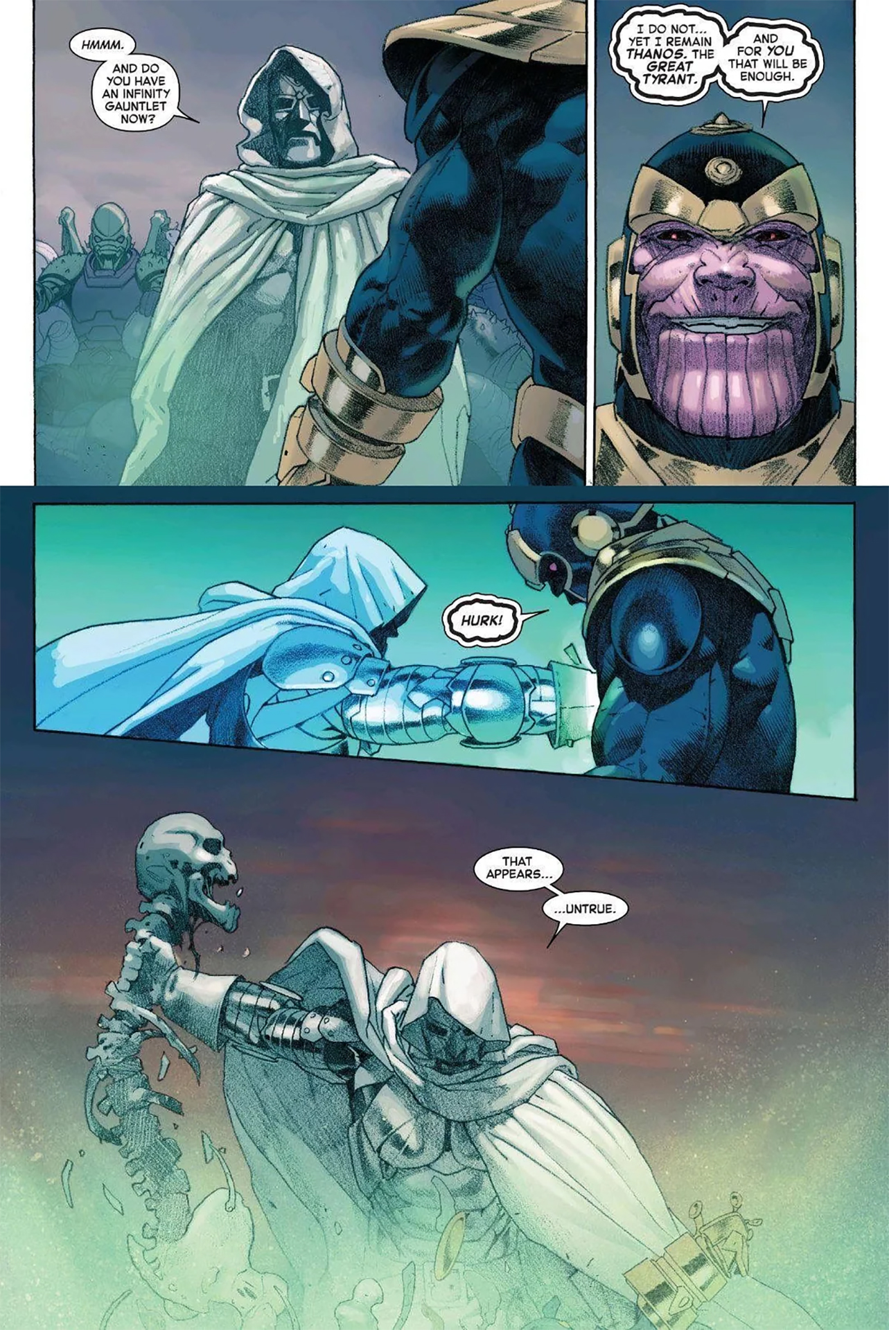 Thanos picking a fight with Doctor Doom and losing brutally in Secret Wars (2015)
