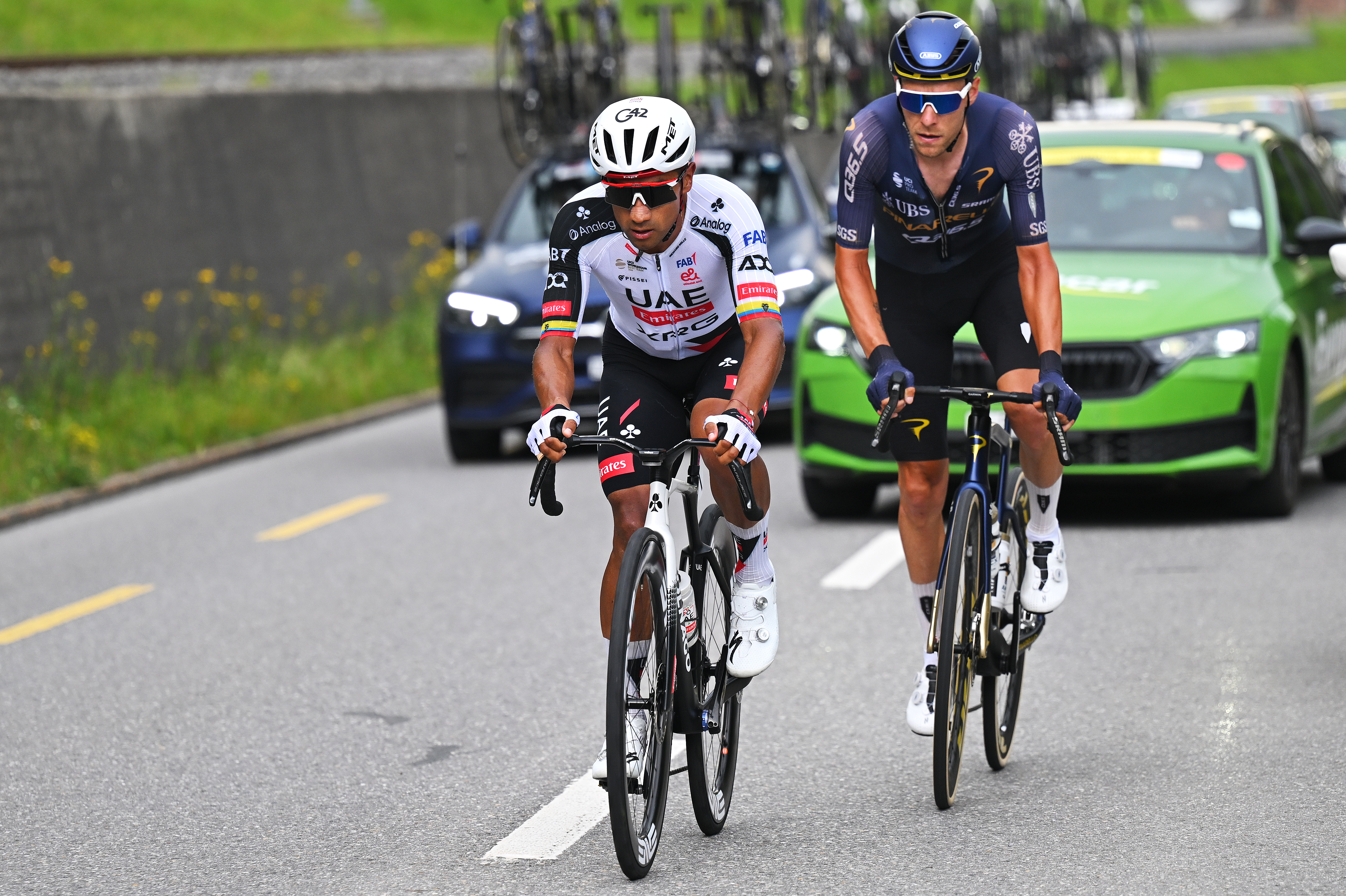 Jhonatan Narvaez of Ecuador and UAE Team Emirates - XRG and Xandro Meurisse of Belgium and Team Pinarello Q36.5 Pro Cycling compete in the breakaway during the  Tour de Suisse 2026,